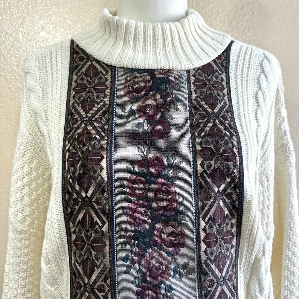 Nion de Lenclos Vtg 80s Cream Knit Turtle Two Toned Comfy Sweater